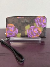 COACH Long Zip Around Wallet In Signature Brown Canvas With Rose Print