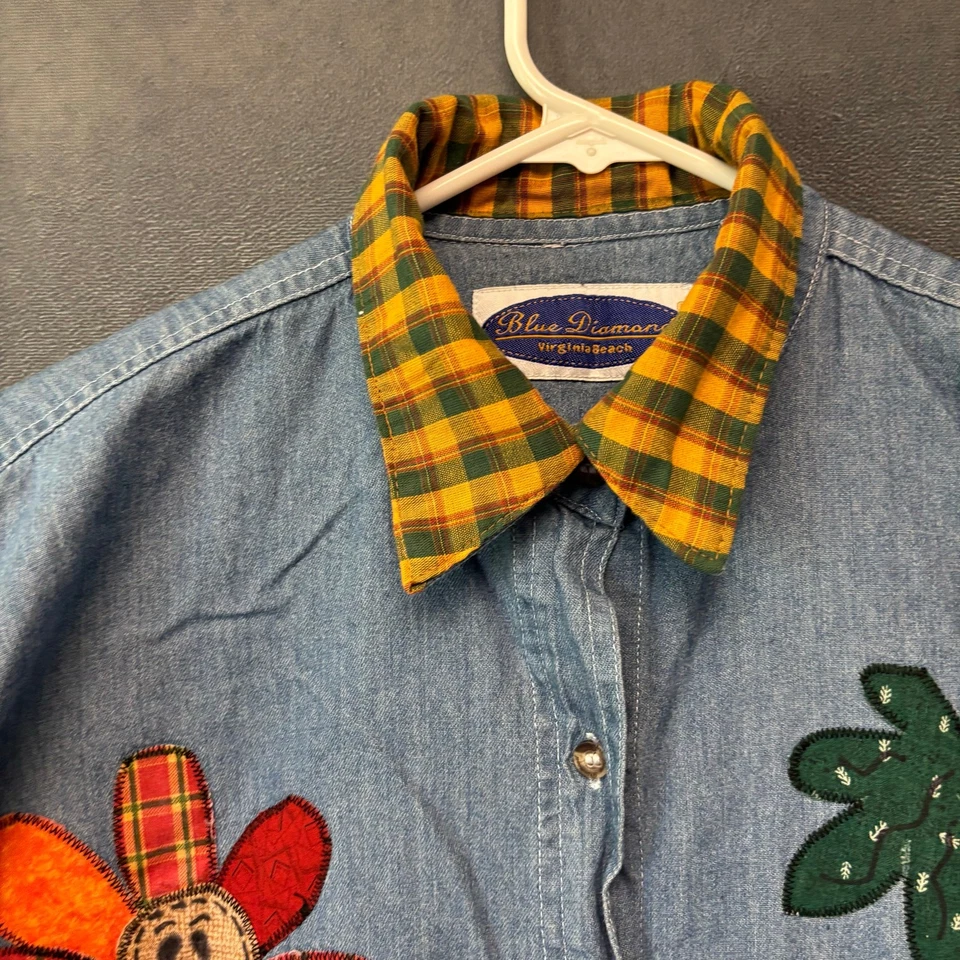 Vintage Blue Diamond Thanksgiving Fall Shirt Button Patchwork Cottage Denim - Image 4 of 4