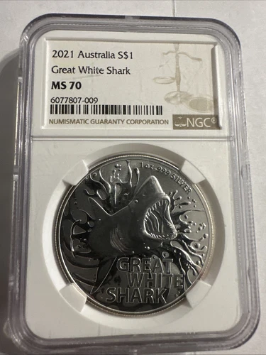2021 $1 AUSTRALIA SILVER GREAT WHITE SHARK NGC MS70 BROWN LABEL 1 OZ .999 FINE