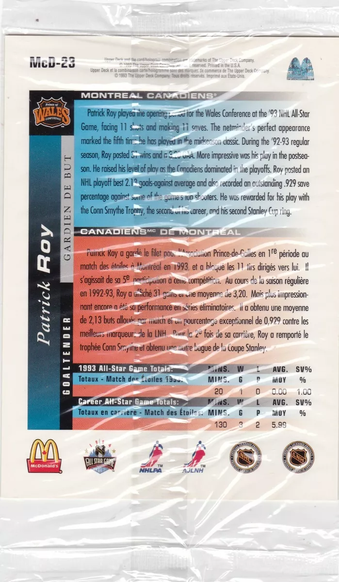1993-94 Upper Deck McDonalds Patrick Roy NHL Allstar Hockey Card #McD-23