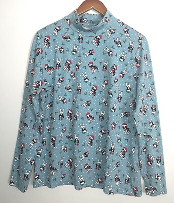 Time & Tru Boston Terrier Print Christmas Holiday Mock Neck Top Blue Red Sz 3XL
