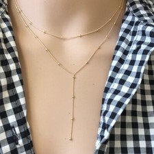 14K Solid Yellow Gold Double Strand Bead Station Adjust Drop Choker Necklace