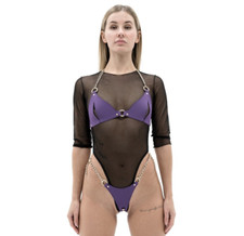 Purple Faux Leather Bra and Thong Harness Set with Waist Chain