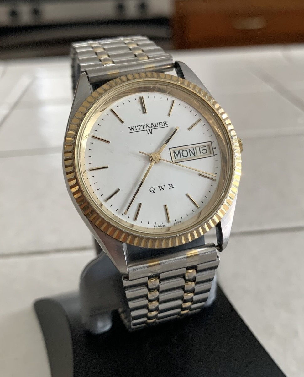 Vintage Wittnauer QWR Day Date 2Tone Stainless Mens Watch