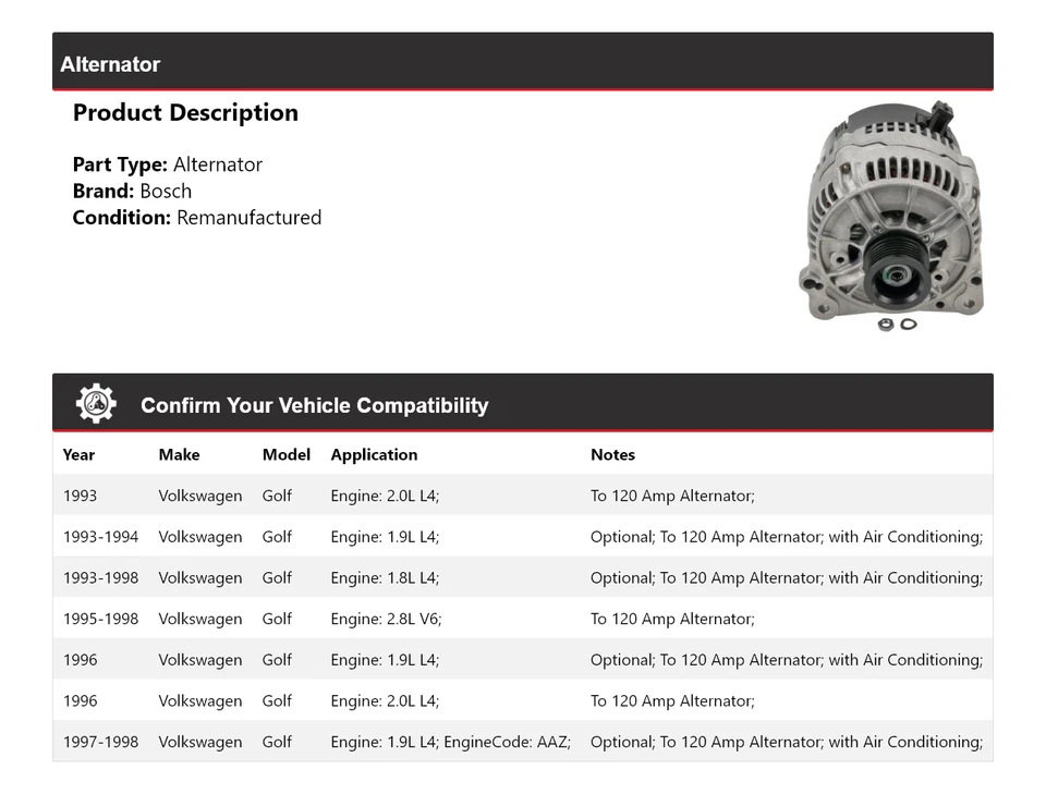 Alternador para Volkswagen Golf Bosch 1993-1998 (remanufacturado) 1994 1995 1996 Foto 2 de 4