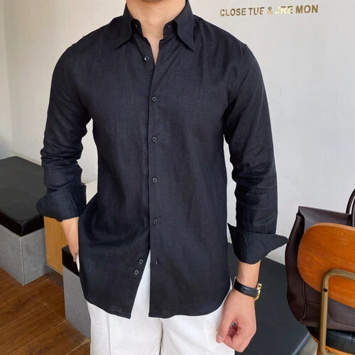 Camicie uomo inglesi 100% lino casual camicia abbottonata business maniche lunghe top - Foto 10 di 18