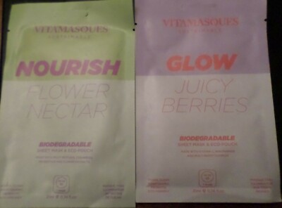 Vitamasques Sheet Masks (2) Glow Juicy Berries & Nourish Flower Nectra Face New
