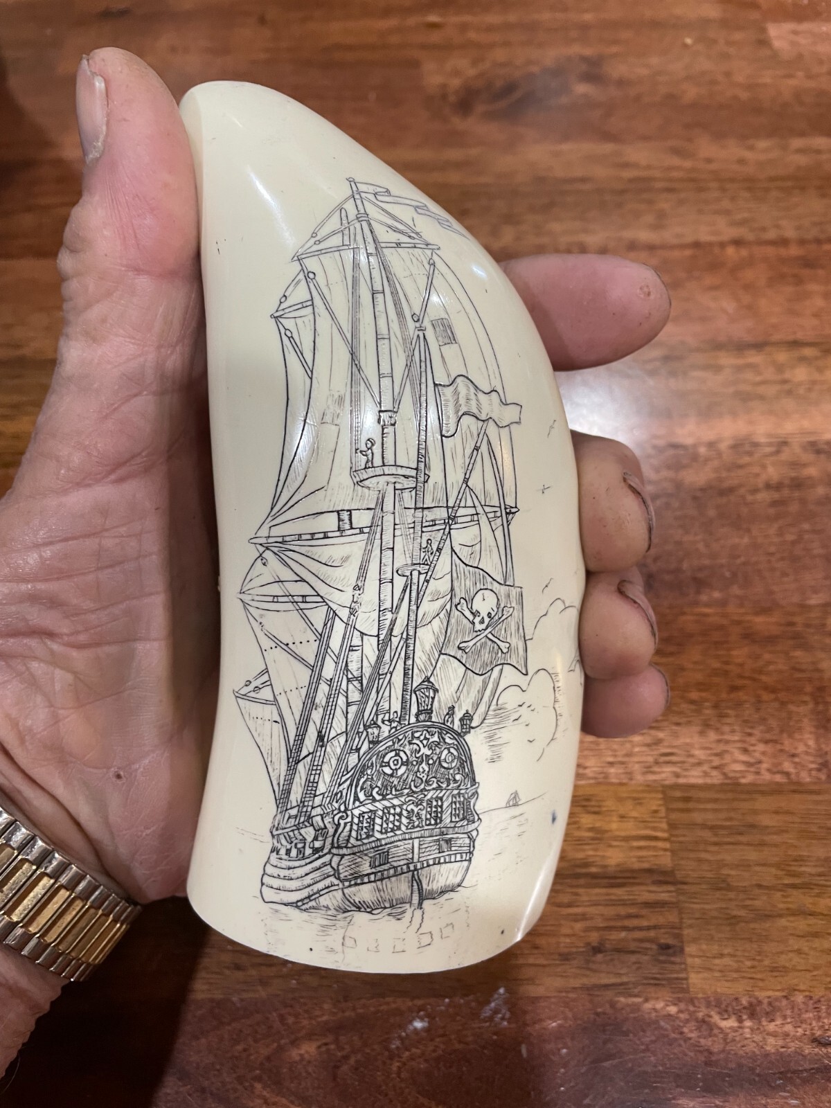 Scrimshaw reproduction sperm whale tooth "PIRATE SHIP" 7 inches long