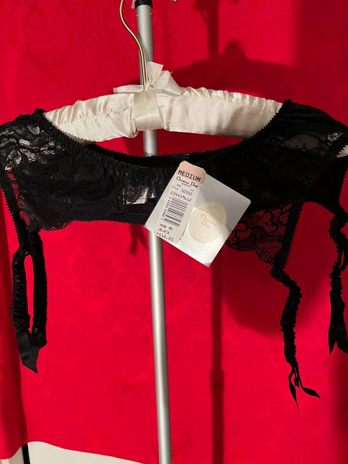 Ceinture jarretière en dentelle noire années 80 Christian Dior taille M vintage neuve avec étiquettes