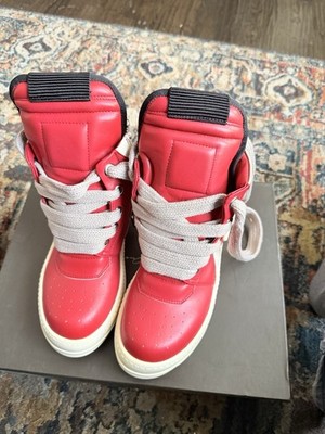 Rick Owens Red Leather High Top Sneakers Zip Lace Men's White Soles and Laces