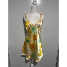 Jones New York Yellow Floral Satin Chemise Nightgown Slip Dress Medium