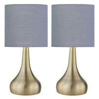 Set of 2 Antique Brass Touch Table Lamps Bedside Lights Grey Cotton Shade