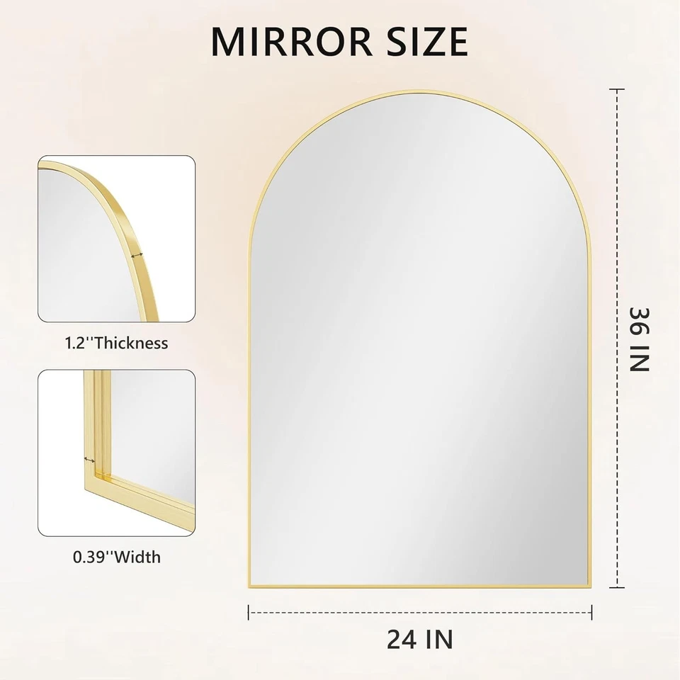 Arched Wall Mirror 24x36 Gold Framed Shatterproof Bathroom Vanity Mirror - Image 4 of 4