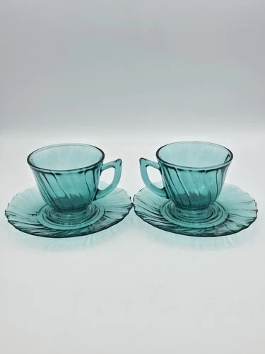 Vintage Jeanette Glass Ultramarine Swirl Blue Green Set of 2 Cups & Saucers D
