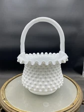 VINTAGE FENTON HOBNAIL WHITE MILK GLASS HANDLED BASKET 9.5” VG