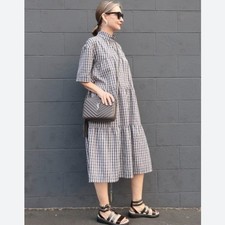 Everlane Women's Tiered Mockneck Plaid Short Sleeve Pocket Dress NWT