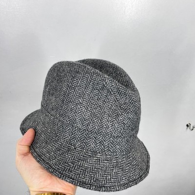 M&S Moon Tweed Trilby Hut Herren 7 - 7 1/8 grau Fischgrät Wolle Yorkshire