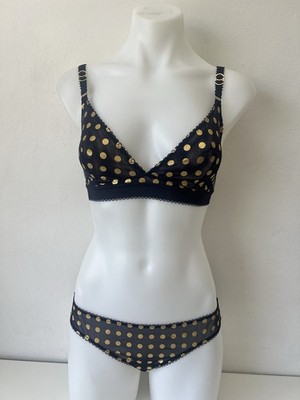 Stella McCartney Soft Bra And Brief Set 12D Large Navy Gold Dot Print NEW
