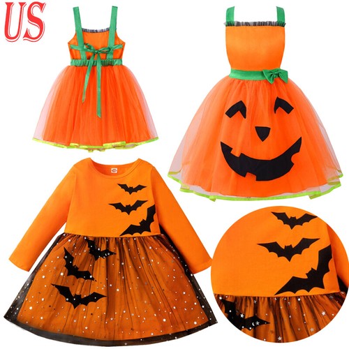 Kids Girls Halloween Tulle Dress Long Sleeve Bat Pumpkin Printed A-Line Dress
