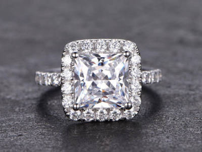 1ct Princess Cut Simulated Diamond Halo Solitaire Ring 14k White Gold Plated