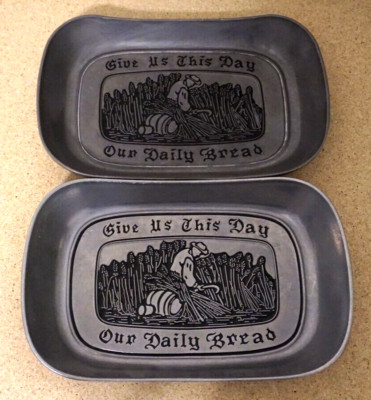 2 Vintage WILTON Armetale Give Us This Day Our Daily Bread Metal Tray Dish Plate