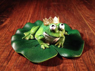 Frog Prince Fairy Garden Miniature Sculpture With A Golden Crown On A Lily Pad