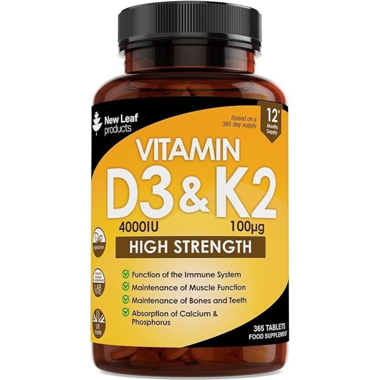 Vitamin D3 4000iu & K2 100mcg - High Strength Immunity Bone Support 365 Tablets