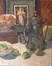 Pewter Tea Pot Food Wine Still Life Impressionism Orig.Oil Painting M Aycock 