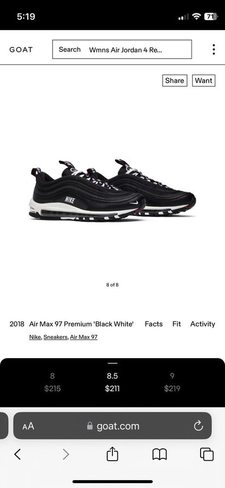 Nike Air Max 97 Premium in Black White - Size 8