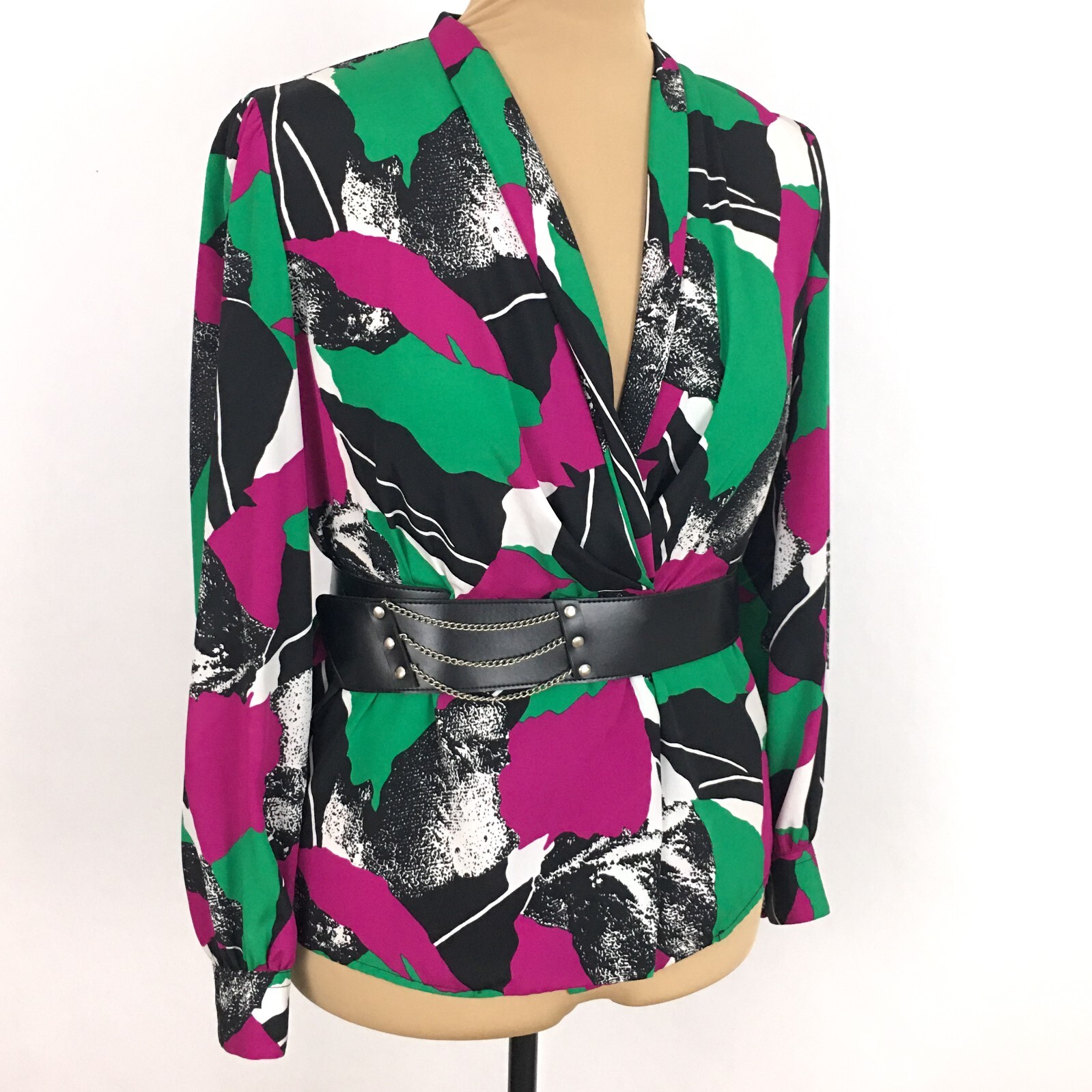 80s Womens Abstract Wrap Blouse Long Sleeve Colorful Size Medium