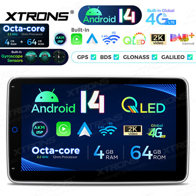 10.1'' QLED 1-DIN Android 14 4+64GB CarPlay Car Stereo GPS Radio Head Unit WIFI
