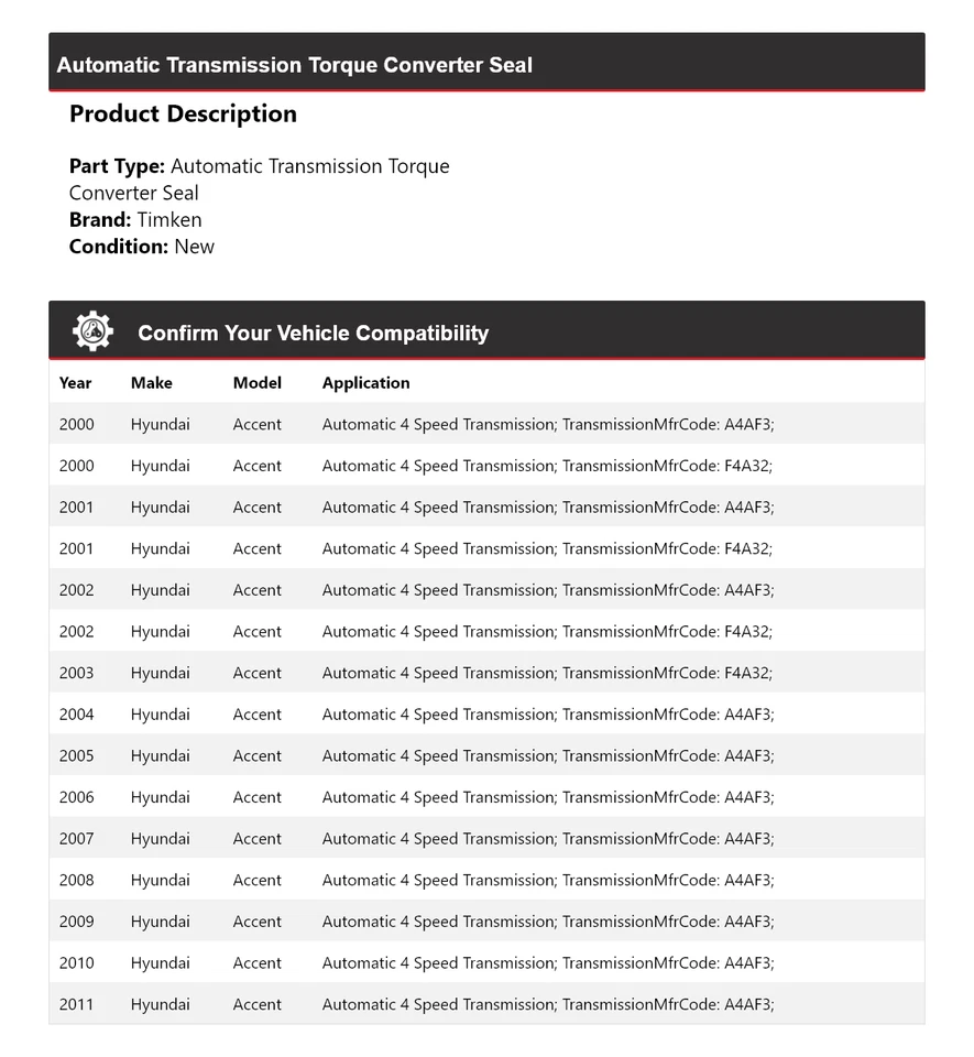 Sello Timken convertidor de par de transmisión automática para Hyundai Accent 2000-2011 Foto 2 de 4