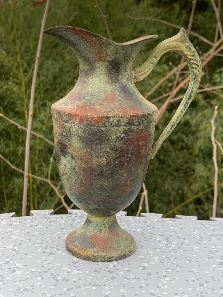 Japanese Vintage uwagusuri Vessel 室町 灰釉台 Patina WATER VESSEL PITCHER Brass Metal Grecian Handle Verdi Gris