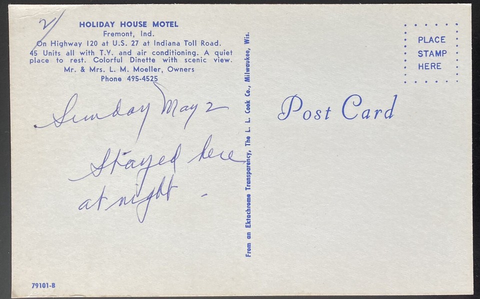 FREMONT, IND. C.1965 PC.(N40)VIEW OF HOLIDAY HOUSE MOTEL ON INDIANA