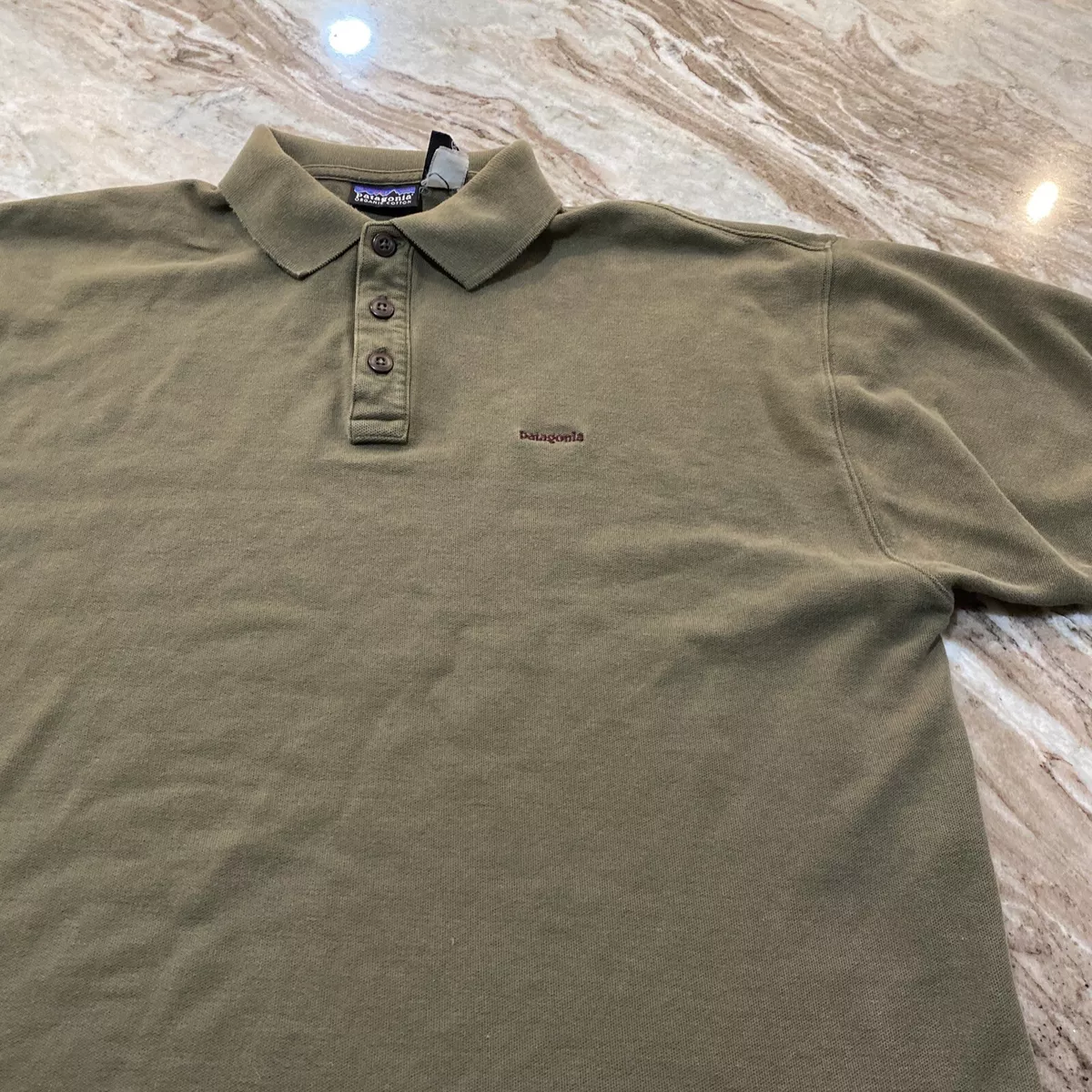 Patagonia Logo 100% Organic Cotton Short Sleeve Polo Shirt Army Green Men's Sz M