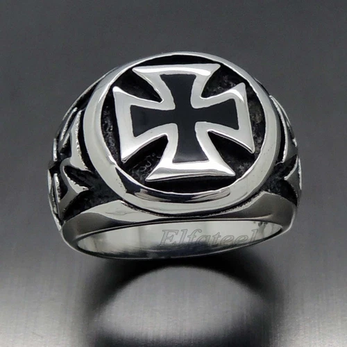 Mens Silver Black IRON Cross 316L Stainless Steel Biker Ring