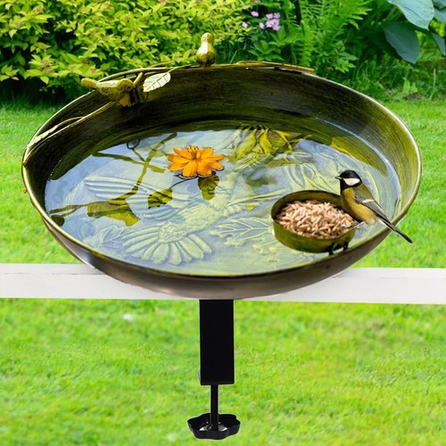 Deck Mounted Bird Bath, 13 Inch Metal Bird Baths with Hummingbird Decor, Rail...