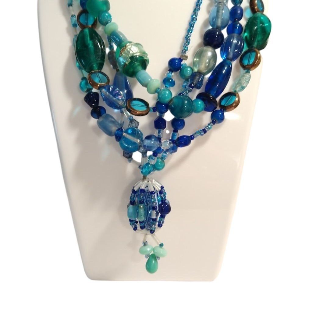 Blue Glass Multi-Strand Beaded Statement Necklace… - image 3