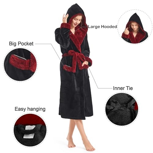 Women Hooded Plush Robe, Fleece Cozy Warm Bathrobe Small-Medium Black+burgundy - Afbeelding 6 van 7