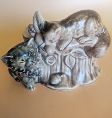 Vintage Hand Painted Majolica Planter Cat & Squirrel 1950's