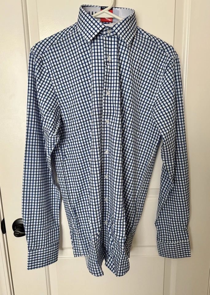 Camisa masculina NAUTICA xadrez azul com botões slim fit elástica nova com etiquetas 15-15.5 34/35 - Imagem 2 de 4