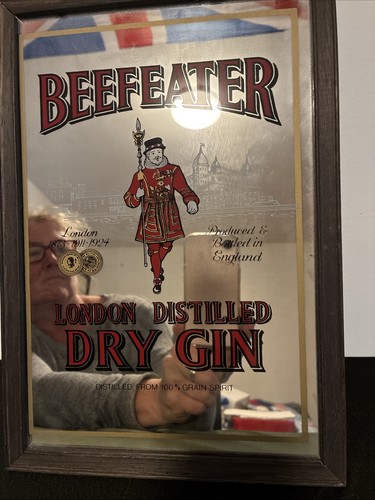 Vintage Beefeater Dry Gin Mirror Sign Imported From England Wood Frame Bar Pub