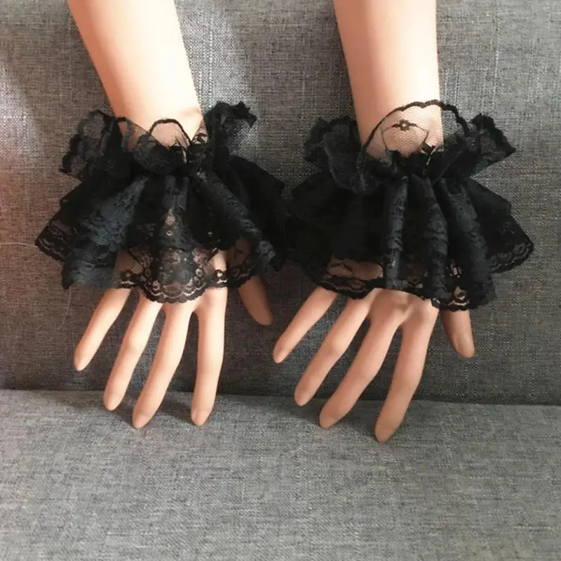 2Pcs/Pair Lolita Hand Sleeve Wrist Cuffs Ruffled Floral Black Lace Elastic Brace