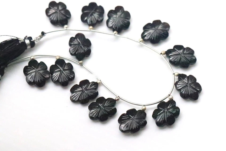 Cuentas de flores talladas a mano de ónix negro joyería de piedras preciosas ... - Imagen 2 de 4
