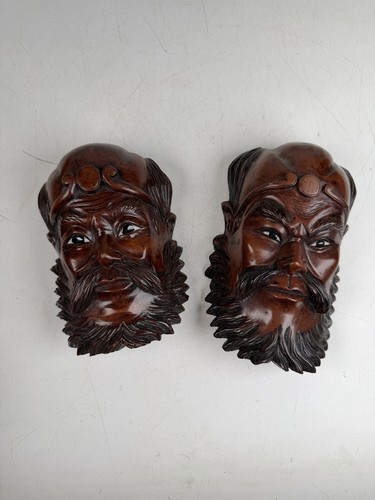 Vintage Chinese Carved Rosewood Mask Plaques Pair Luohan Warrior Wise Men 6"-7"
