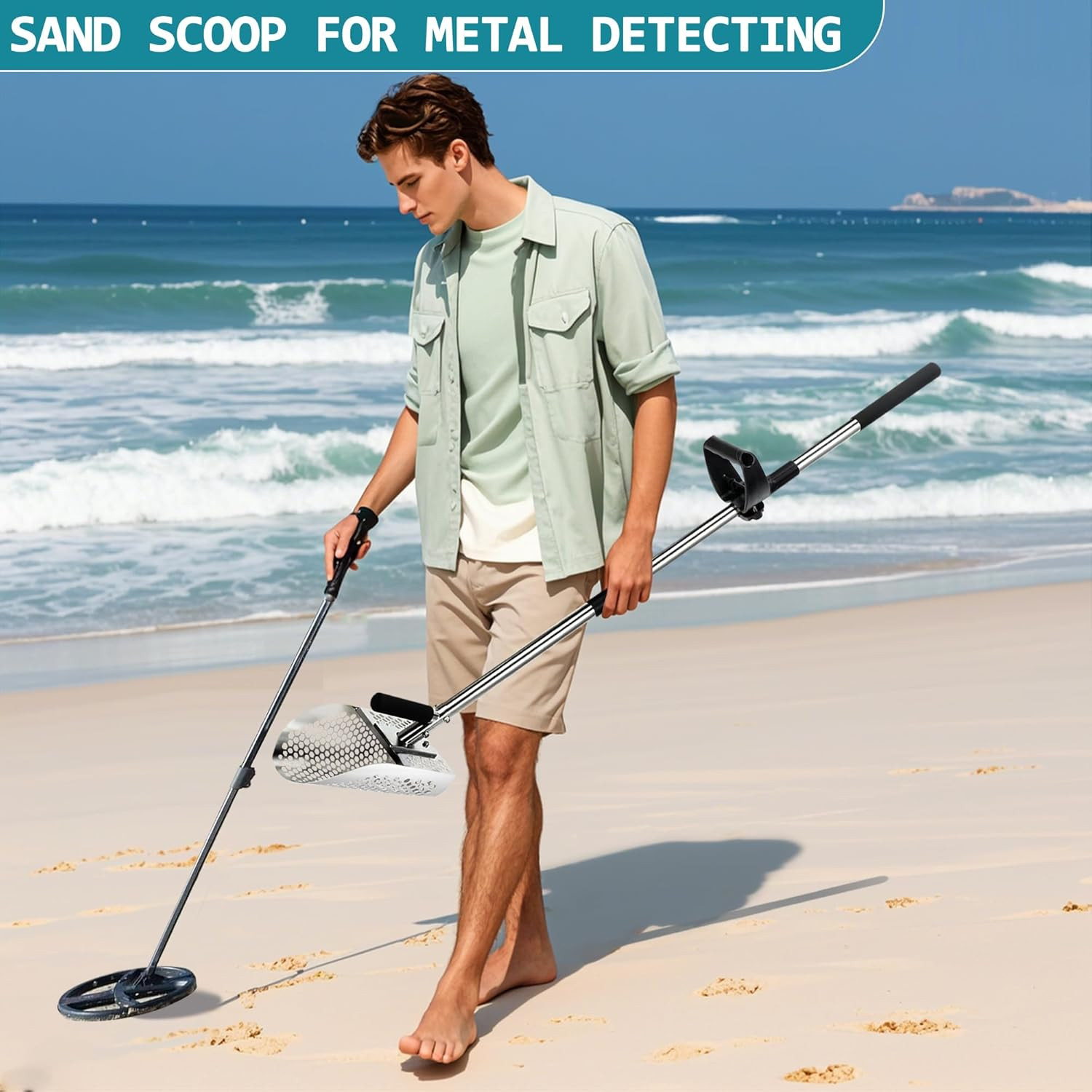 Long Handle Sand Scoop Metal Detecting Shovel Adjustable Stainless Steel Beach