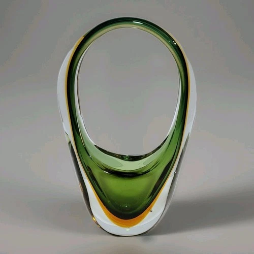 Murano Sommerso Art Glass Vase Basket Green Amber Mid Century 1960s Vintage