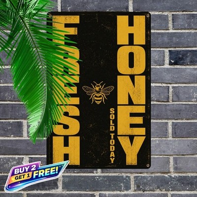 Bold Vertical Typography Bee Honey Sale Sign Metal Wall Decor 8x12