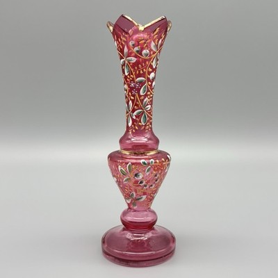 Antique Moser Czech Bohemian Cranberry Glass Gilded Floral Enamel 6.5'' Vase