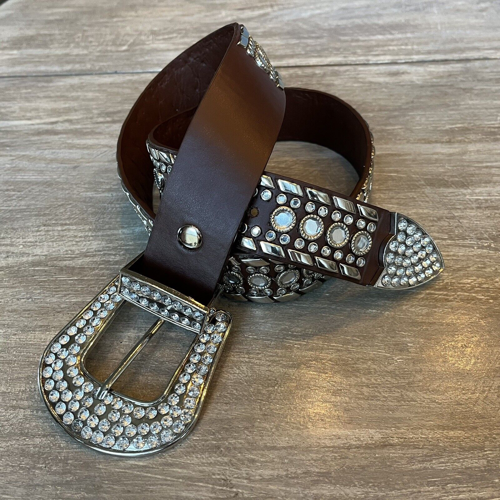 Rhinestone Studded Cowgirl Belt Brown Leather Western Bling S Removable Buckle